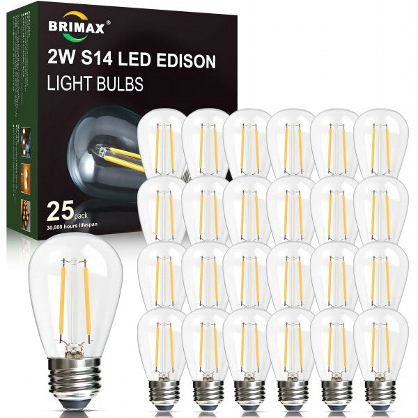 BRIMAX Clear Glass AC120V AC230V 2W S14 E26 E27 LED Bulb 2200K 2700K (25Pack)