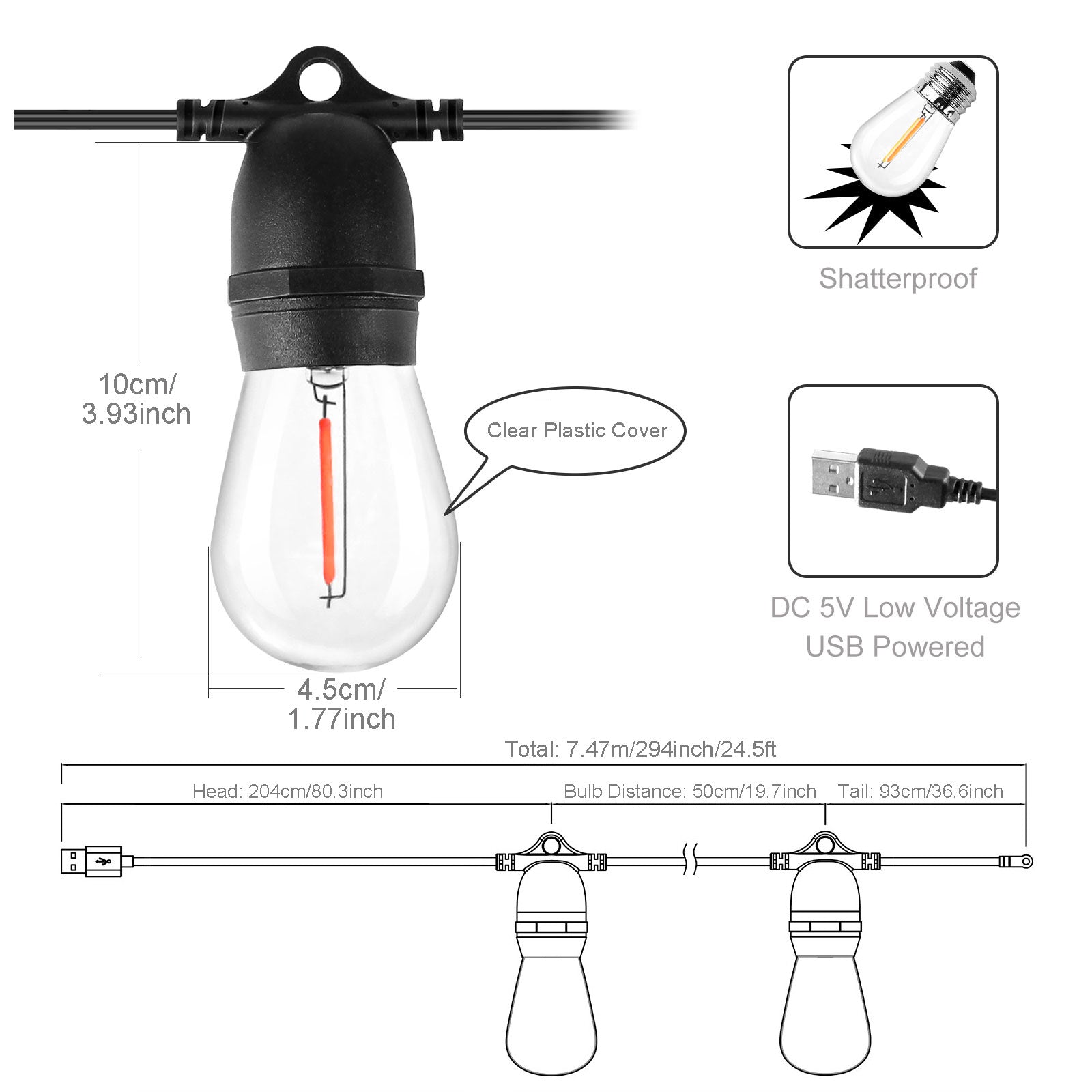 BRIMAX DC5V Clear Plastic 10W Colorful Festoon S14 USB LED String Lights Non-dimmable (1Pack)