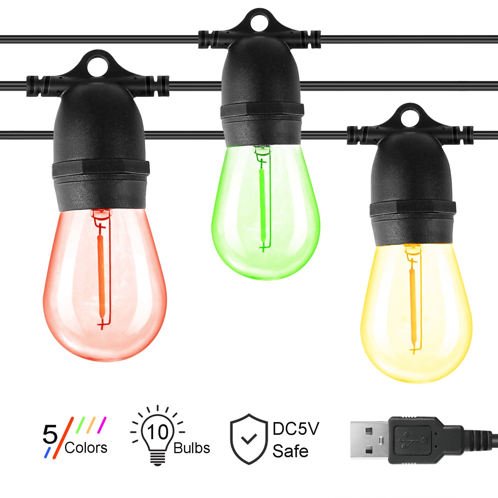 BRIMAX DC5V Clear Plastic 10W Colorful Festoon S14 USB LED String Lights Non-dimmable (1Pack)