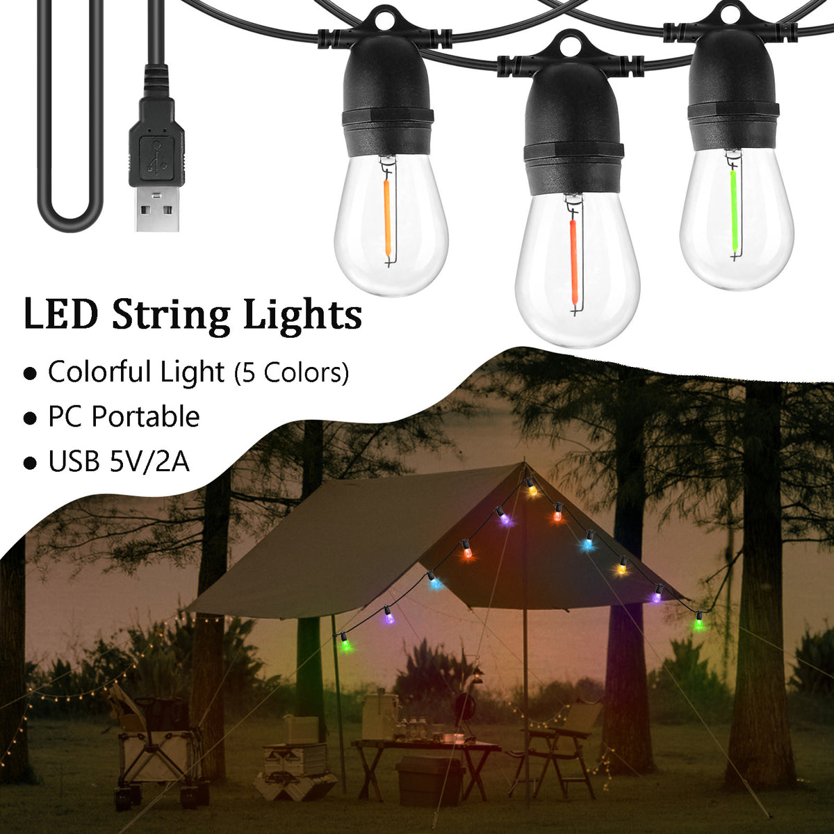 BRIMAX DC5V Clear Plastic 10W Colorful Festoon S14 USB LED String Lights Non-dimmable (1Pack)