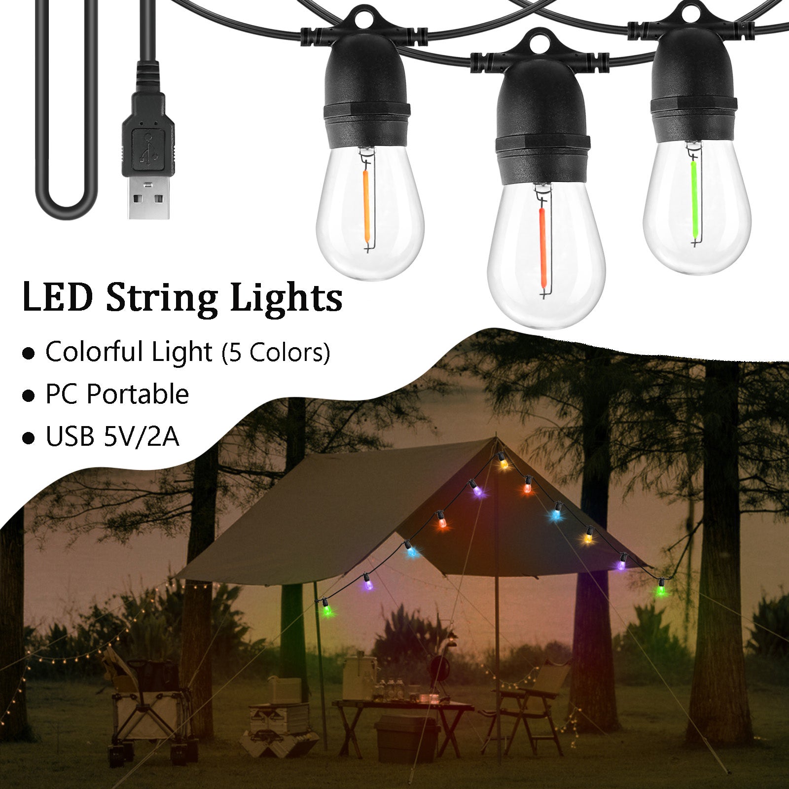 BRIMAX DC5V Clear Plastic 10W Colorful Festoon S14 USB LED String Lights Non-dimmable (1Pack)