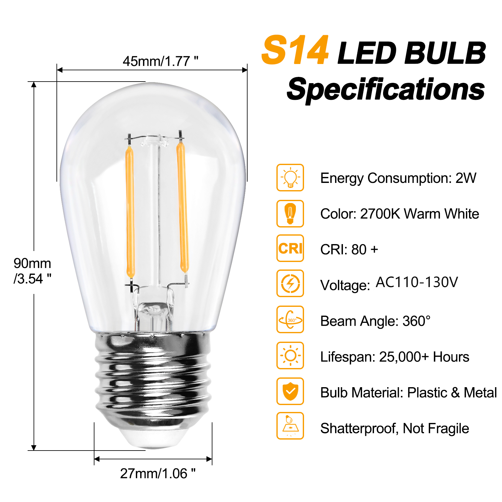 BRIMAX Clear Plastic Shatterproof AC120V AC230V 2W S14 E26 E27 LED Bulb 2200K 2700K (25Pack)