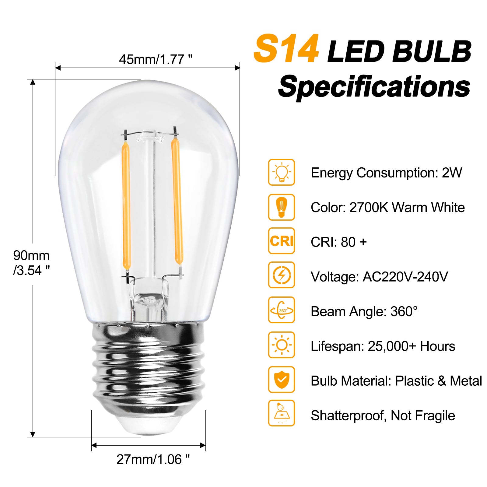 BRIMAX Clear Plastic Shatterproof AC120V AC230V 2W S14 E26 E27 LED Bulb 2200K 2700K (25Pack)