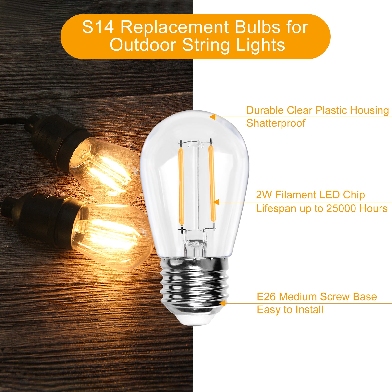 BRIMAX Clear Plastic Shatterproof AC120V AC230V 2W S14 E26 E27 LED Bulb 2200K 2700K (25Pack)